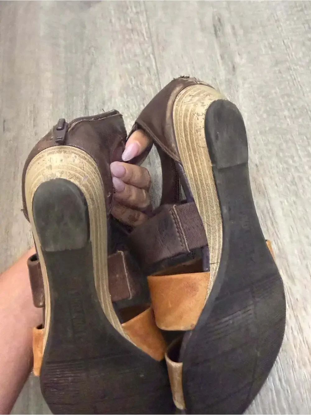 PIKOLINOS Two-Tone Leather Wedge Sandals - Dark Brown & Tan size 38